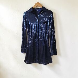 Free People Navy Sequin Long-Sleeve Shirt Dress Small